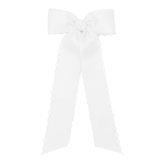 Medium Grosgrain Bowtie with Matching Moonstitch Edge, Knot Wrap and Streamer Tails - White