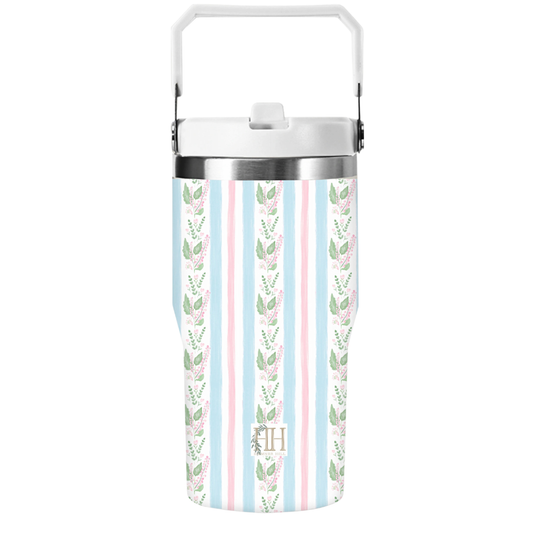 Blue Floral Stripe Straw Cup