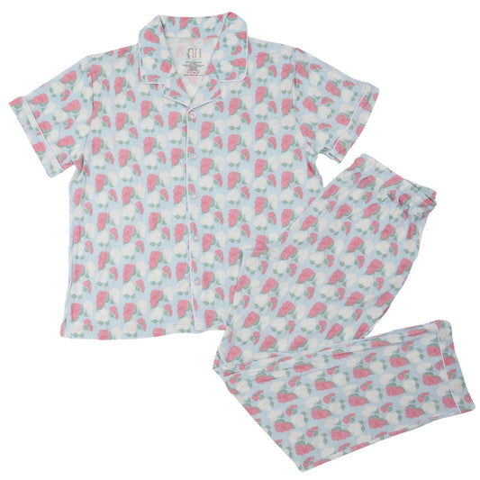 Womens Pink Hydrangea Short Sleeve Button Down Pants Set