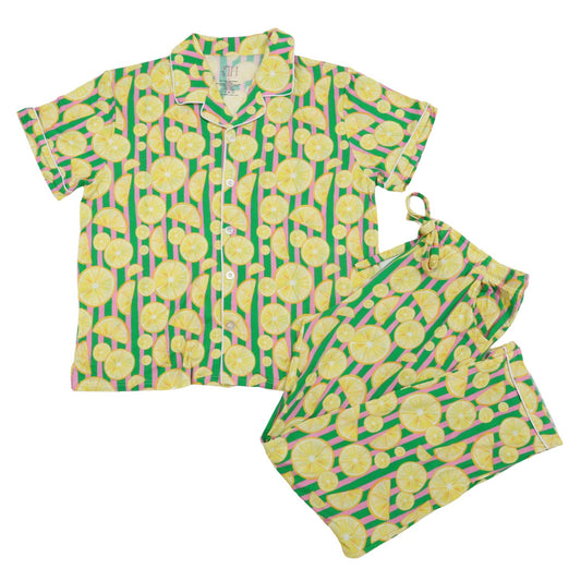 Womens Lemon Short Sleeve Button Down Pants Set