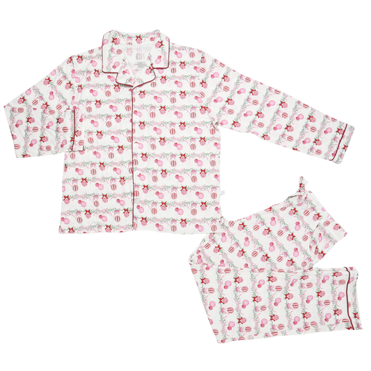 Womens Pinkmas Joy Ornaments Button Down Pants Set