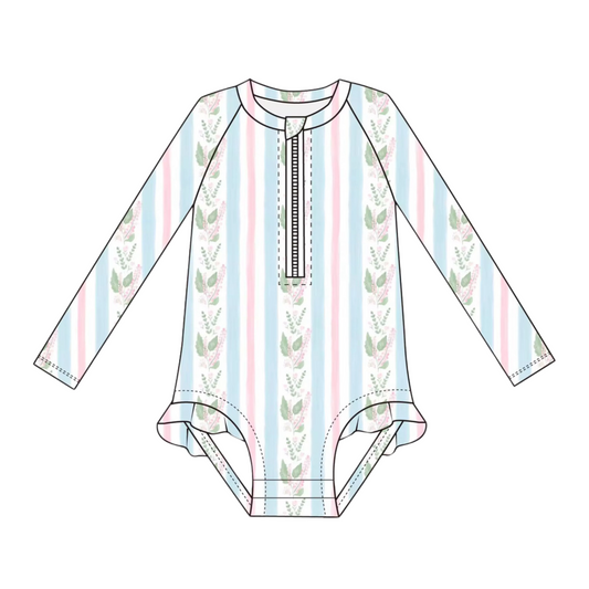 Girls Blue Floral Stripe Rashguard