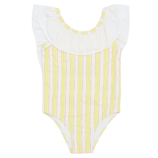 Girls Yellow Stripes Flutter Sleeve One Piece
