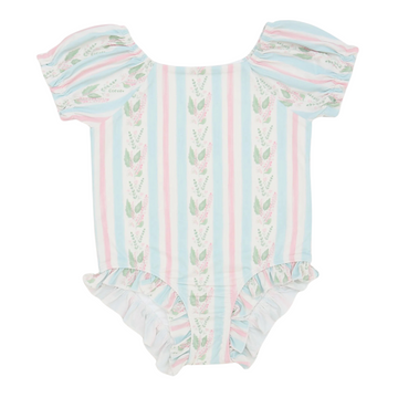 Girls Blue Floral Stripe One Piece Swim