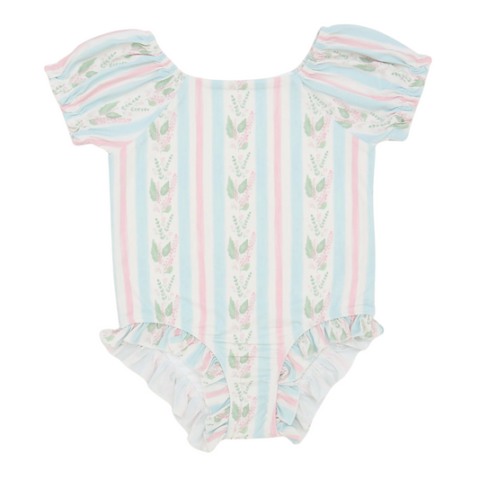 Girls Blue Floral Stripe One Piece Swim