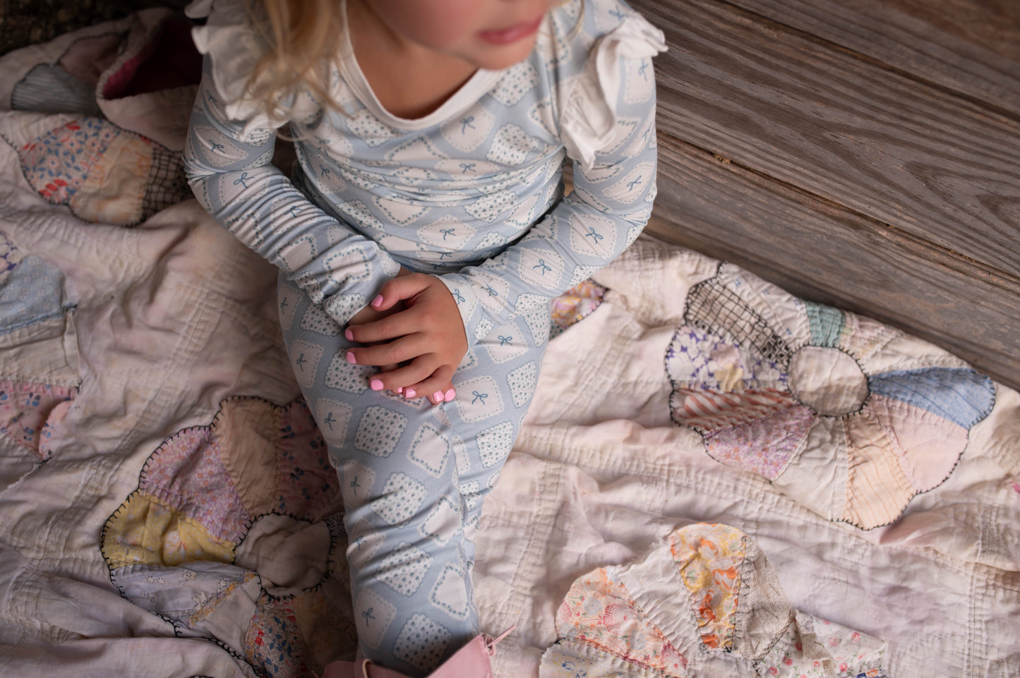 Girls Quilted Bow Patch Ruffle Loungewear Set