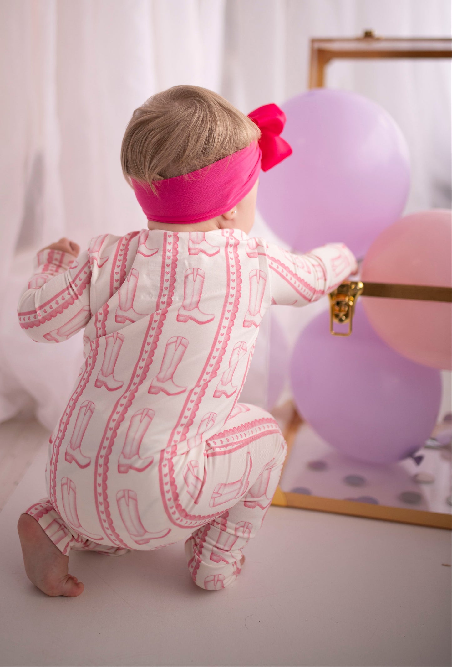 Girls Pink Heart Boot Ruffle Double Zipper Romper