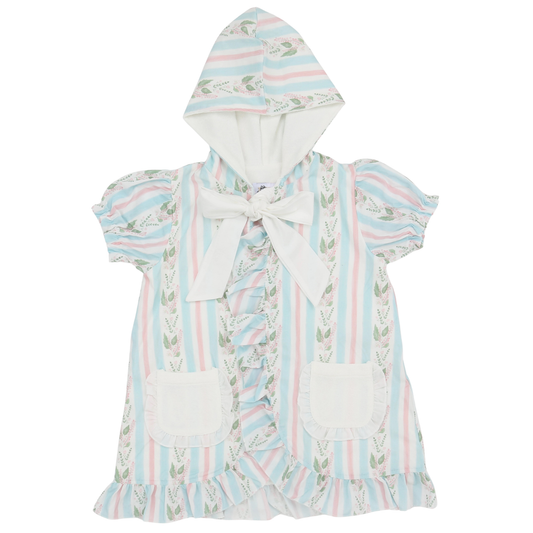 Girls Blue Floral Stripe Hooded Bow Coverup