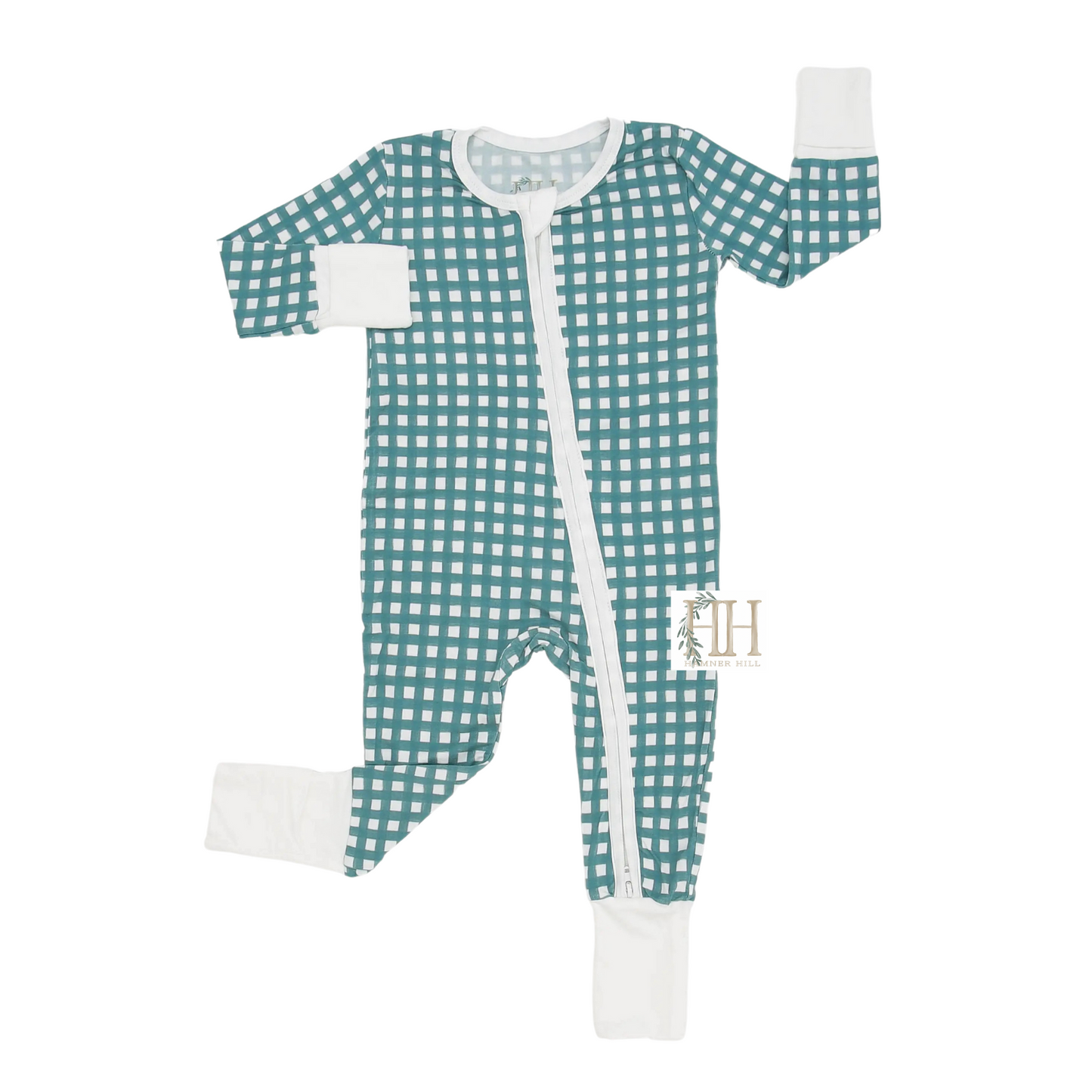 Teal Check Double Zipper Romper