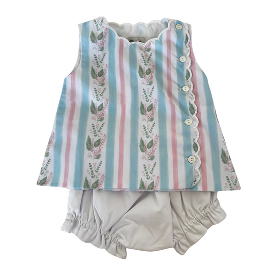 Girls Floral Blue Stripes Scalloped Diaper Set