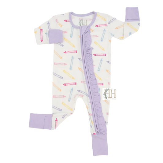 Girls Ruffle Purple Crayon Zipper Romper
