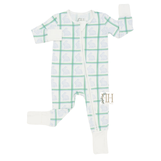 Boys Green Check Bunny Double Zipper Romper