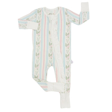 Girls Blue Floral Stripe Double Zipper Romper