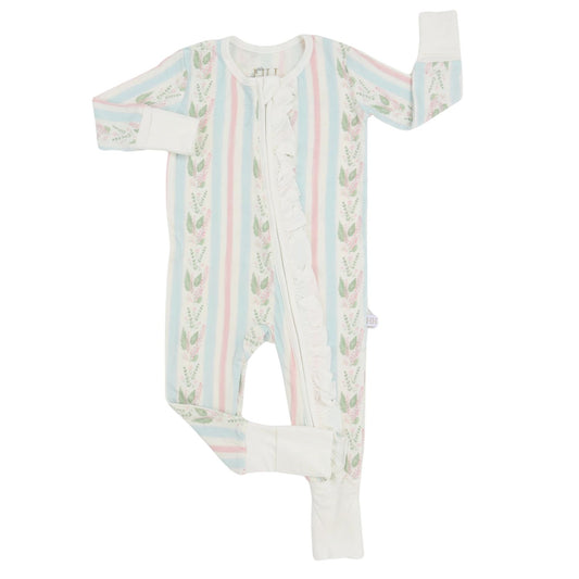 Girls Blue Floral Stripe Double Zipper Romper