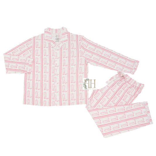 Womens Pink Heart Boots Button Down Loungewear Set