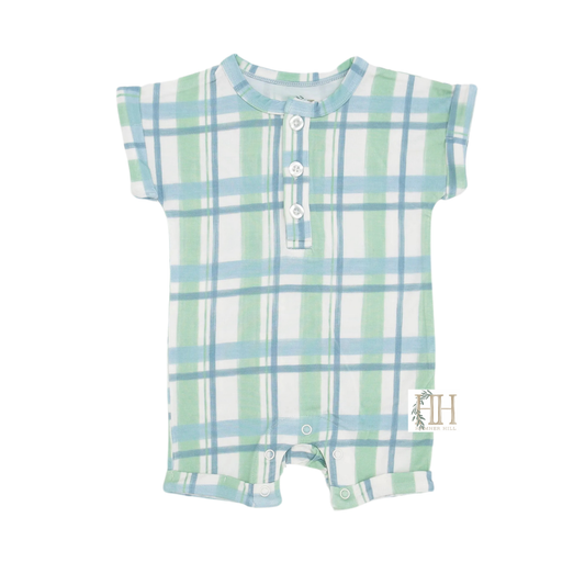 Blue and Green Check Button Romper