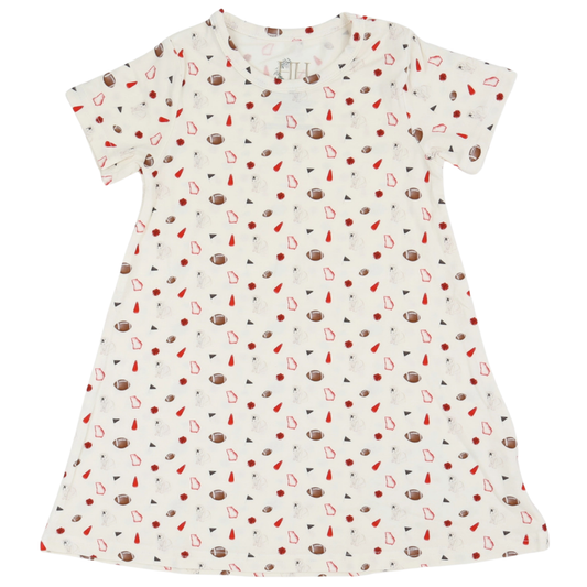 Girls Red Bulldog Pom Bamboo Dress