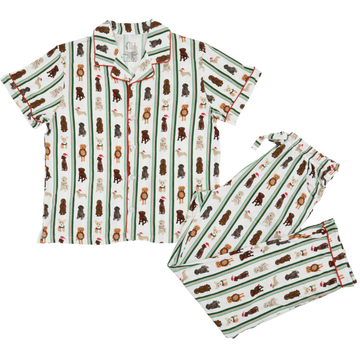 Womens Santa Pups Short Sleeve Button Down Pants Set