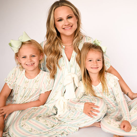 Womens Blue Floral Stripe Bow Loungewear Set