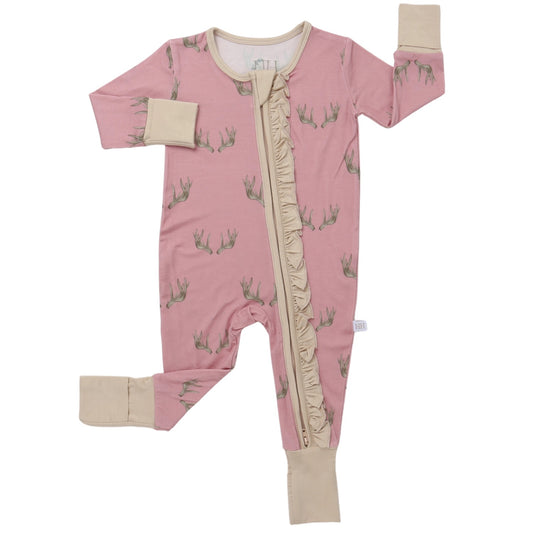 Girls Ruffle Pink Antler Zipper Romper