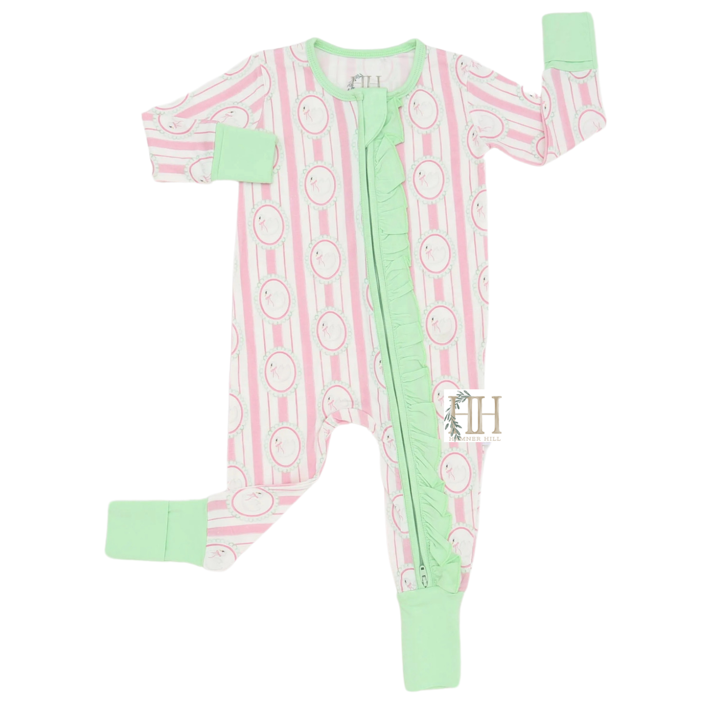 Girls Swan Ruffle Double Zipper Romper