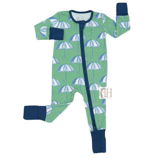 Boys Green Umbrella Double Zipper Romper
