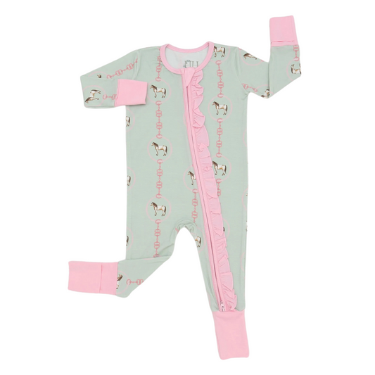 Green Horse Bridle Ruffle Double Zipper Romper