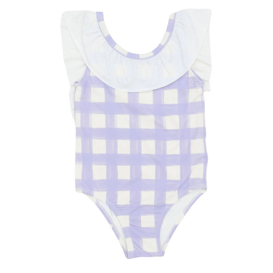 Girls Purple Check Flutter Sleeve One Piece