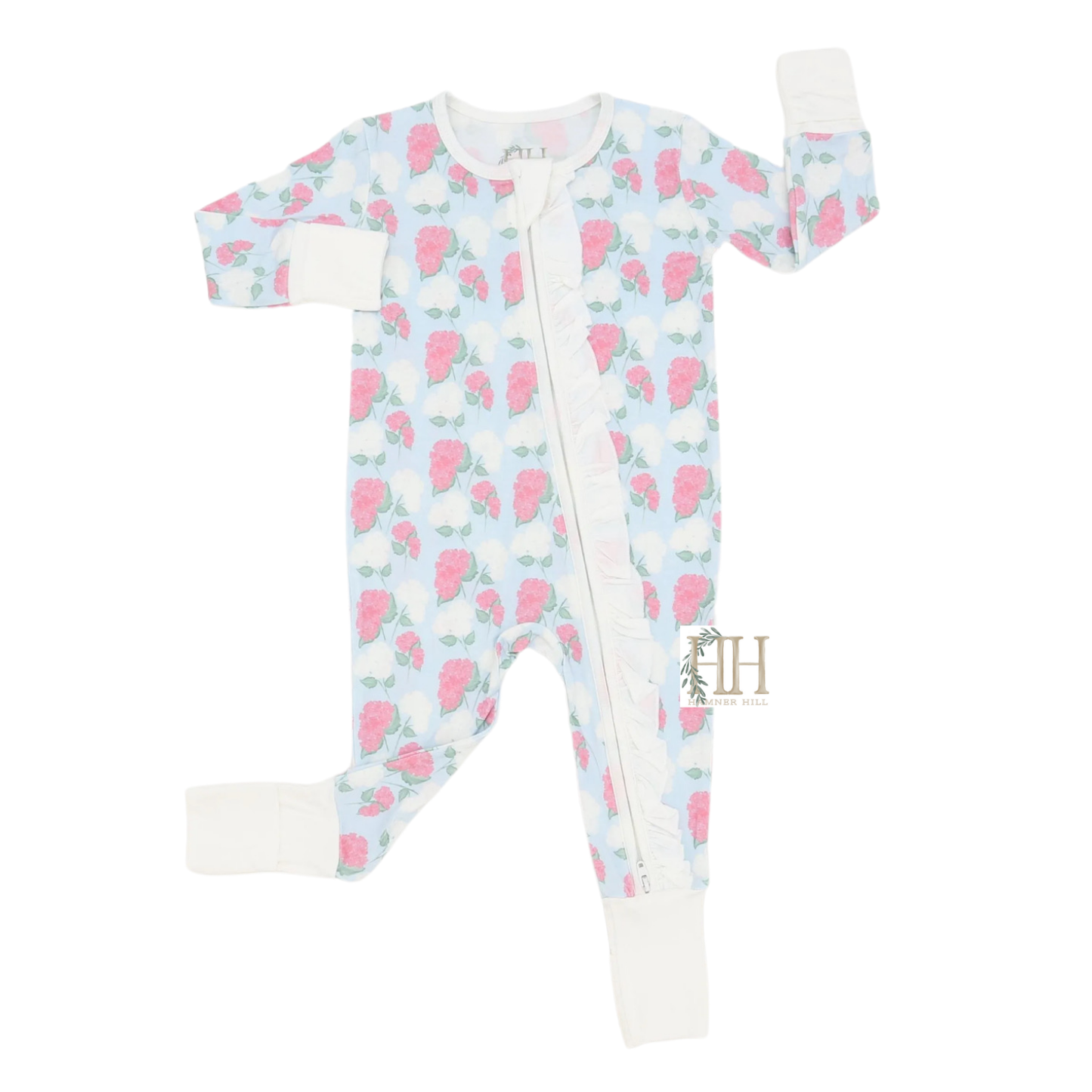 Girls Pink Hydrangea Ruffle Double Zipper Romper