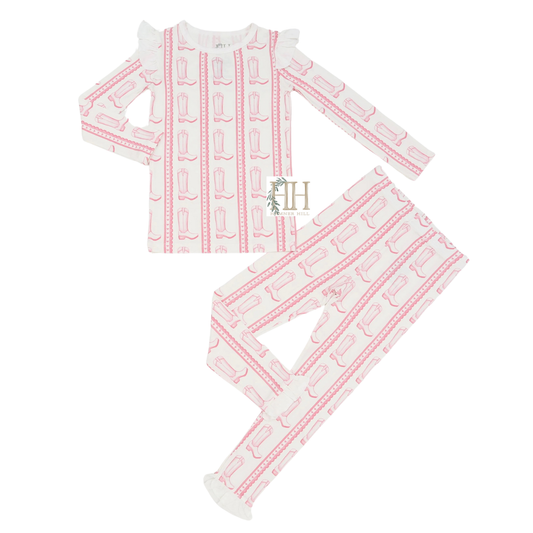 Girls Pink Heart Boot Ruffle Loungewear Set