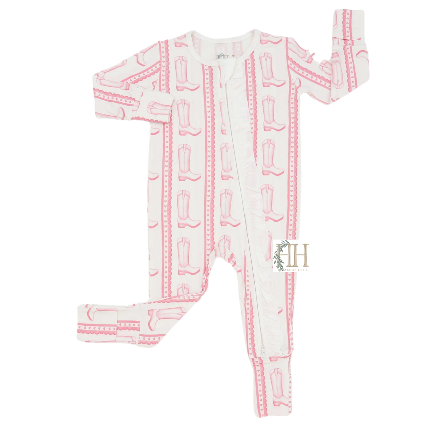 Girls Pink Heart Boot Ruffle Double Zipper Romper