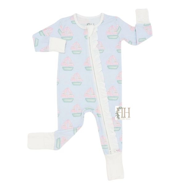 (PRE ORDER : SHIPS 5/1) - Girls Sailboats Ruffle Double Zipper Romper