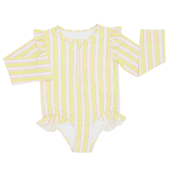 Girls Yellow Stripes Ruffle Rashguard