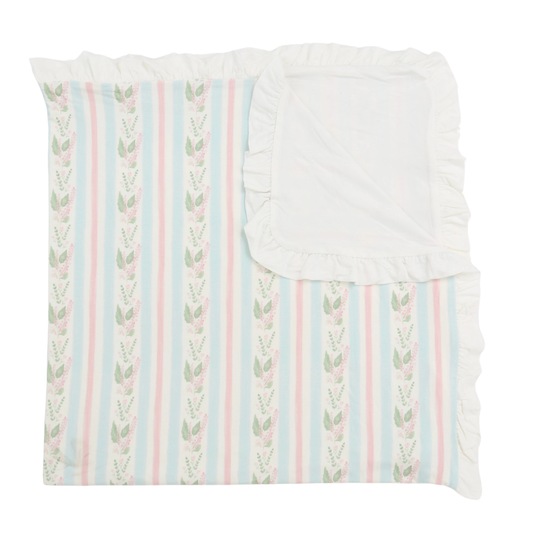 Blue Floral Stripe Ruffle Stroller Blanket