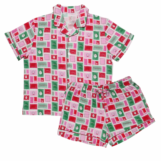Womens Letter to Santa Button Down Short Sleeve Loungewear Set