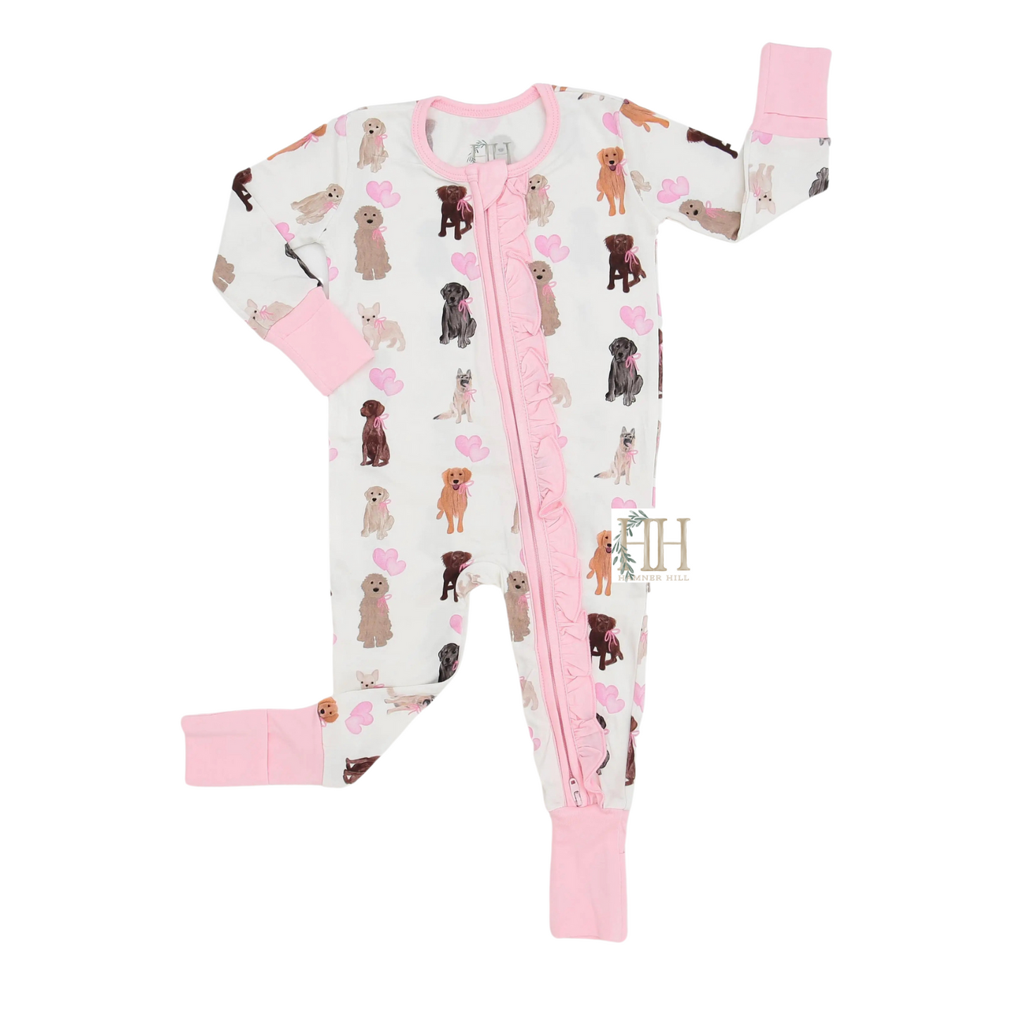 Girls Valentine Pink Puppy Party Double Zipper Romper