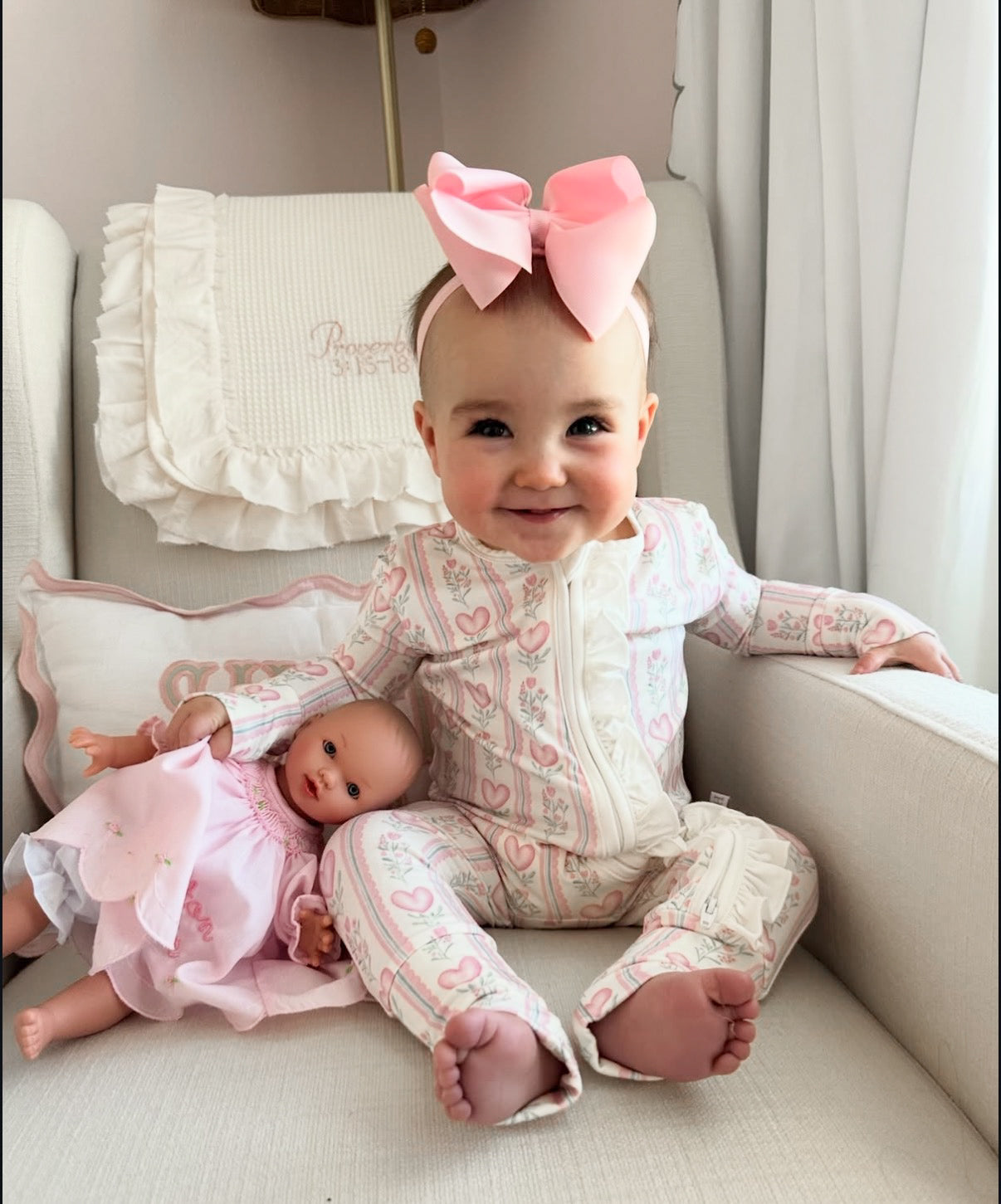 Girls Floral Heart Ruffle Double Zipper Romper