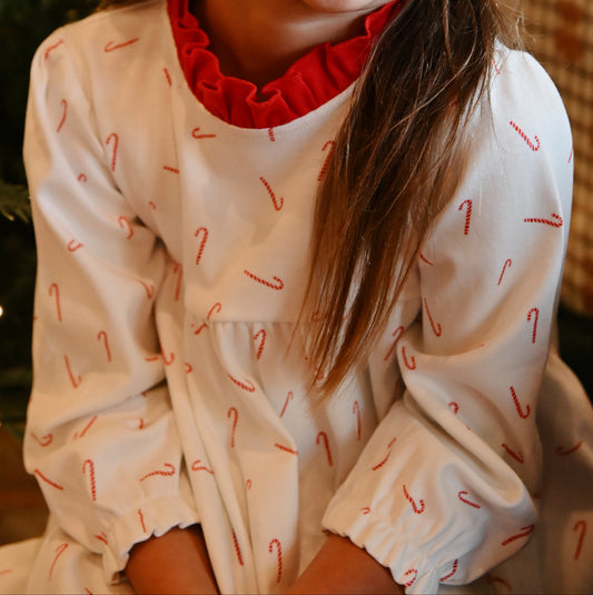 Girls Candy Cane Lane Long Sleeve Red Ruffle Collar Dress