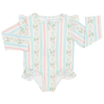 Girls Blue Floral Stripe Ruffle Rashguard