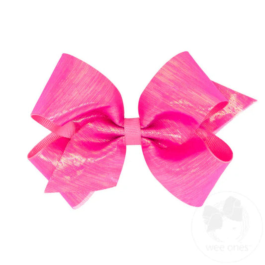 King Sheer Iridescent and Grosgrain Overlay Hair Bow - Hot Pink