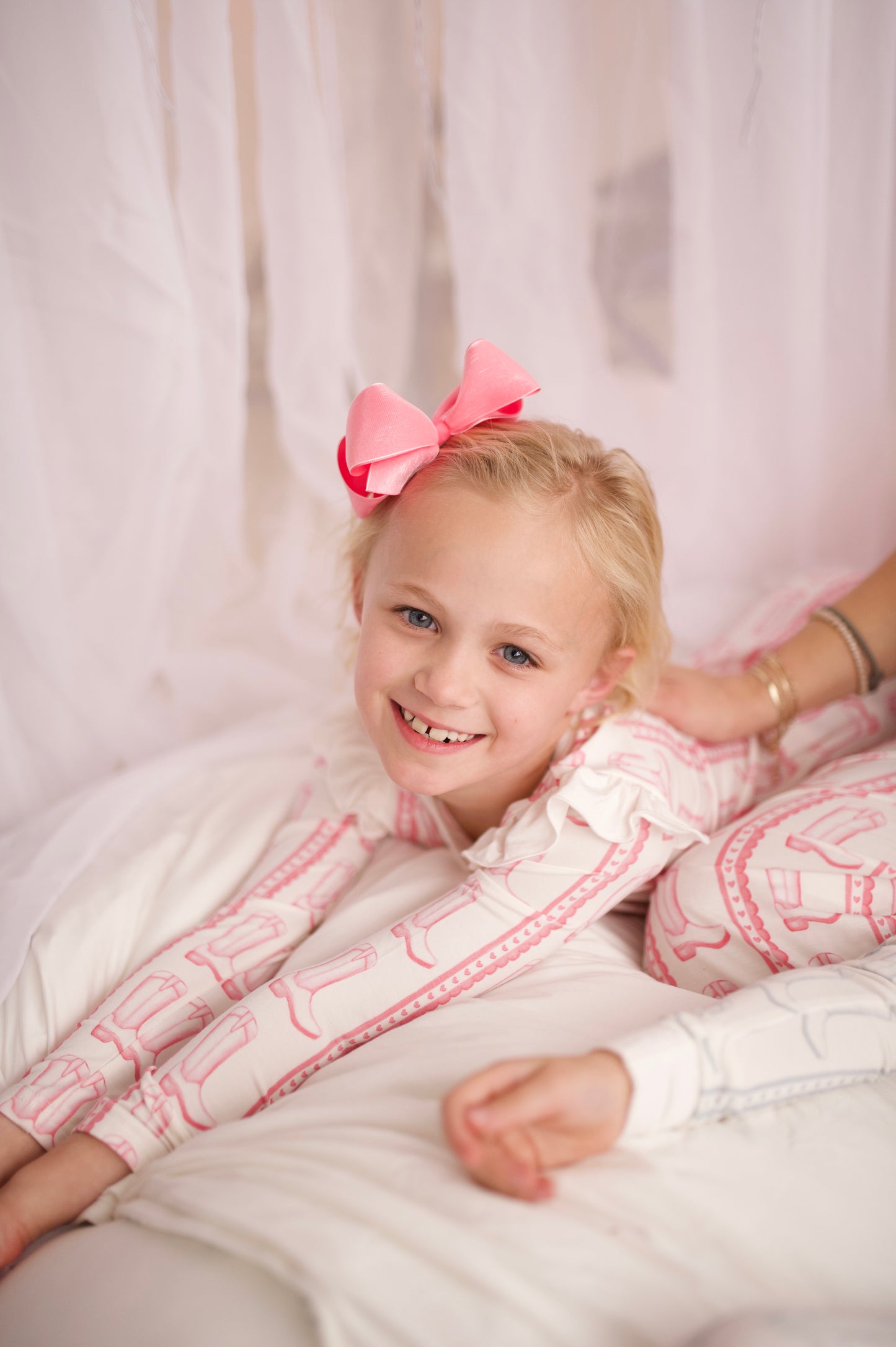 Girls Pink Heart Boot Ruffle Loungewear Set