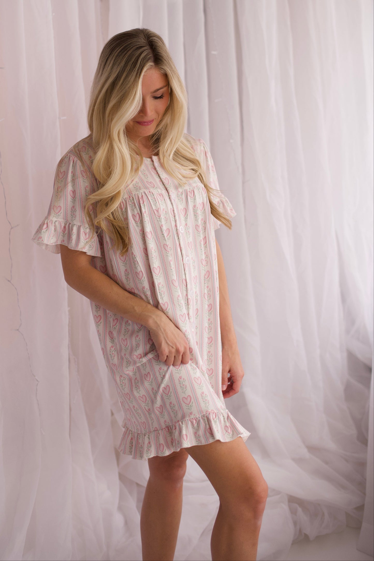 Womens Floral Heart Ruffle Sleeve Bamboo Nightgown